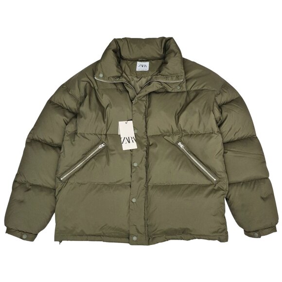 Zara Men's XL Puffer Down Jacket Green Stand-up Collar Zip & Snap Closure - NWT